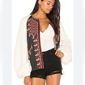 FREE PEOPLE women’s Two Faces navy cream embroidered jacket M bohemian hippie
